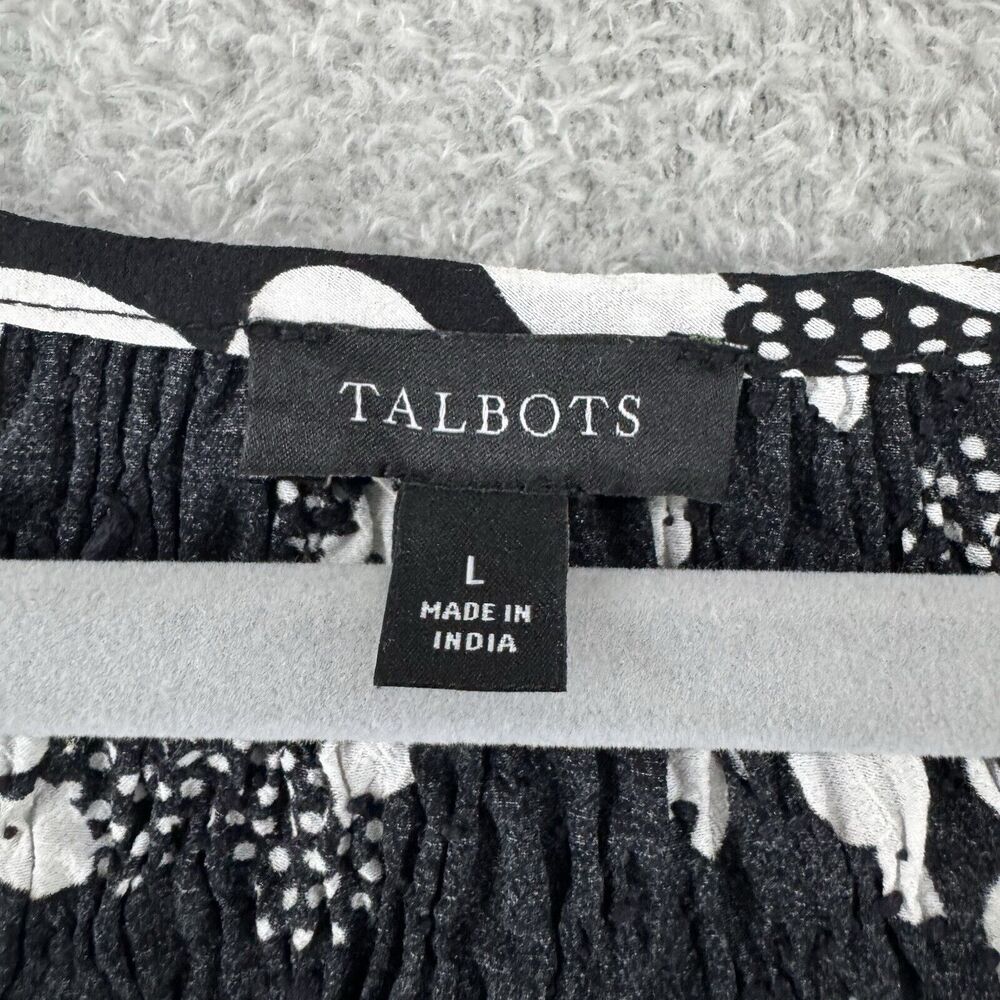 Talbots Top Womens L Black Butterfly Smocked Scoop Neck 3/4 Sleeves Elastic Cuff - Picture 2 of 15